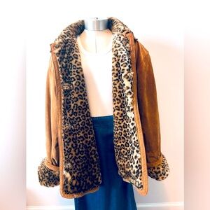 J. Percy Marvin Richards genuine leather suede coat leopard faux fur lined sz. L